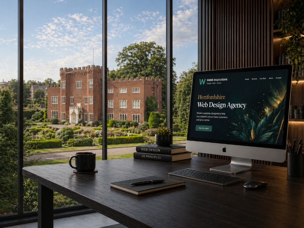 Webb Inspirations studio desk with Hertford Castle visible through the window
