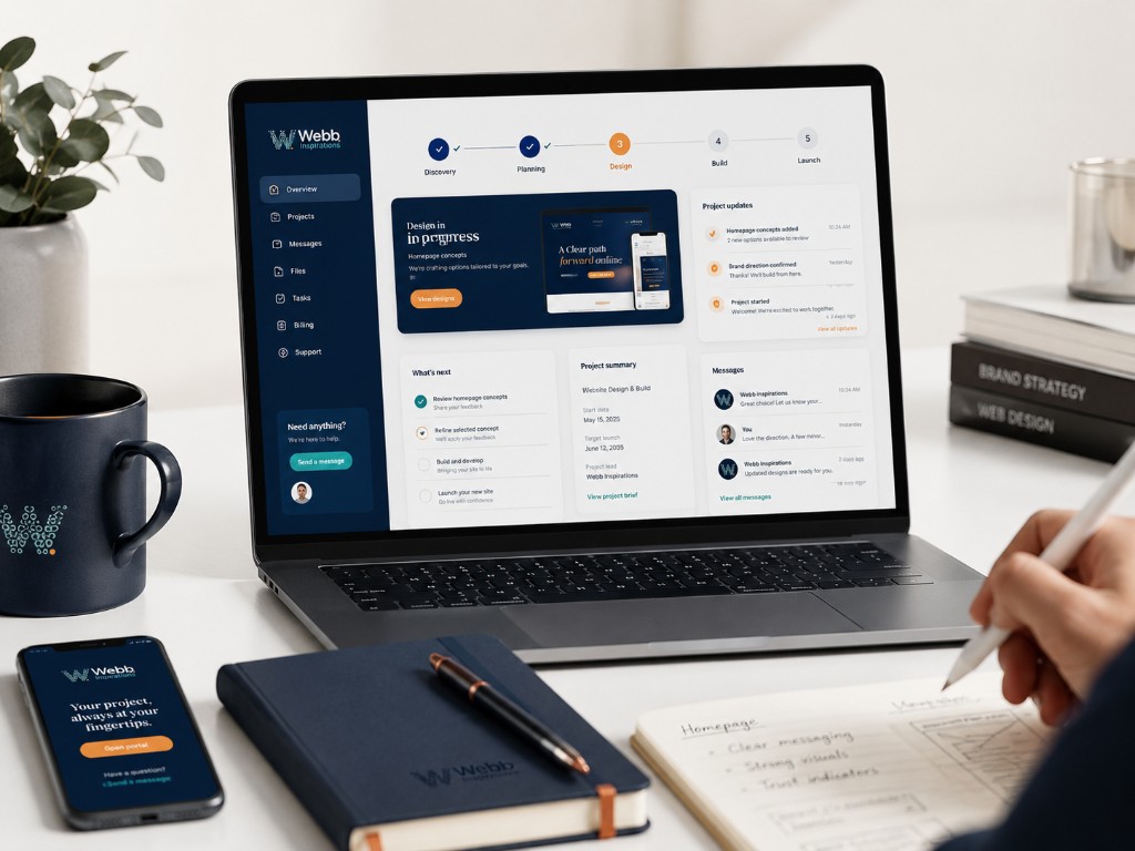 Webb Inspirations client portal on a laptop, showing project stage, updates and messages